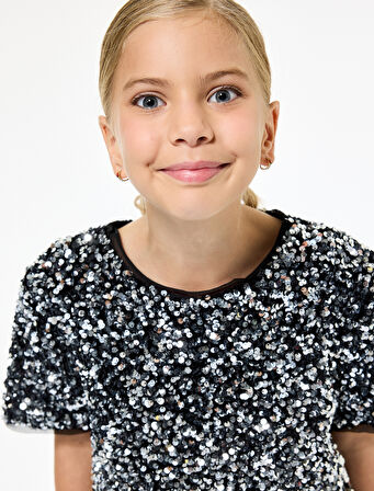 Bisiklet Yaka Kısa Kollu Pullu Payetli Yılbaşı Bluz