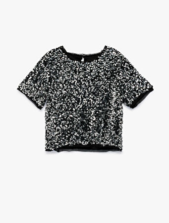 Bisiklet Yaka Kısa Kollu Pullu Payetli Yılbaşı Bluz