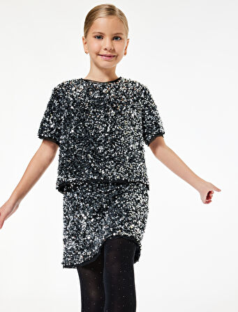 Beli Lastikli Pullu Payetli Etek