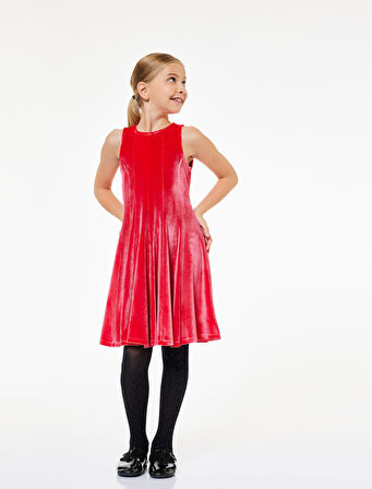 Bisiklet Yaka Kolsuz Pileli Kadife Elbise