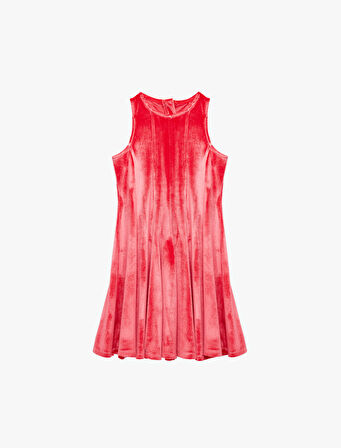 Bisiklet Yaka Kolsuz Pileli Kadife Elbise