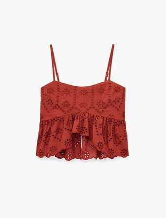 Pamuklu Brodeli İnce Askılı Fırfırlı Crop Bluz