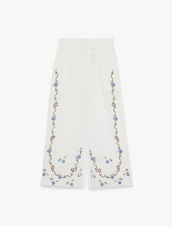 Pamuklu Keten Görünümlü Cepli Çiçek Motifli Nakışlı Geniş Paça Pantolon