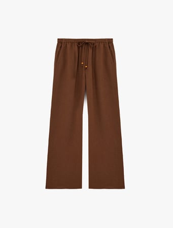 Beli Lastikli Bağlamalı Cepli Geniş Paça Pantolon