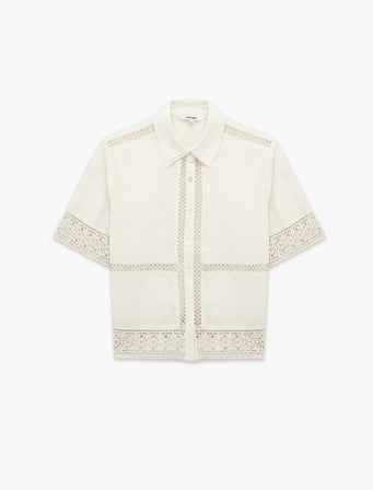 Pamuklu Floral Dokulu Dantel Kroşe Detaylı Kısa Kollu Crop Gömlek