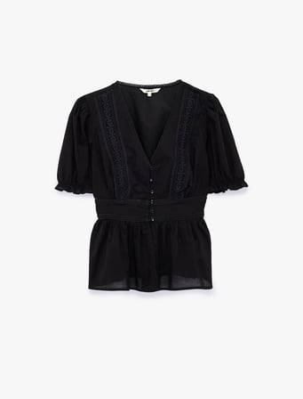 Pamuklu Slim Fit V Yaka Dantelli Kısa Balon Kollu Bluz