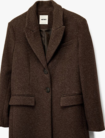 Uzun Kollu Düğmeli Cepli Uzun Kaşe Kaban