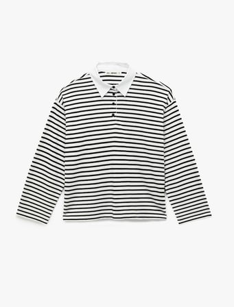 Uzun Kollu Düğmeli Polo Yaka Çizgili Oversize Tişört