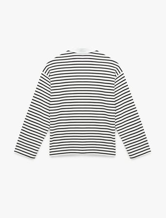 Uzun Kollu Düğmeli Polo Yaka Çizgili Oversize Tişört