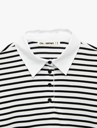 Uzun Kollu Düğmeli Polo Yaka Çizgili Oversize Tişört