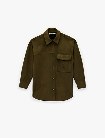 Cep Detaylı Düğmeli Uzun Kollu Klasik Yaka Süet Görünümlü Gömlek