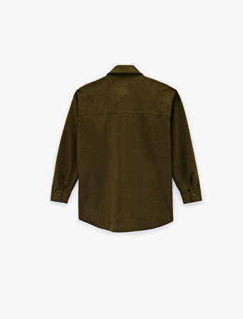 Cep Detaylı Düğmeli Uzun Kollu Klasik Yaka Süet Görünümlü Gömlek