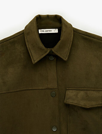 Cep Detaylı Düğmeli Uzun Kollu Klasik Yaka Süet Görünümlü Gömlek