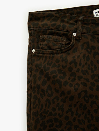 Cepli Yüksek Bel Leopar Desenli İspanyol Paça Jean Pantolon - Flare Jeans