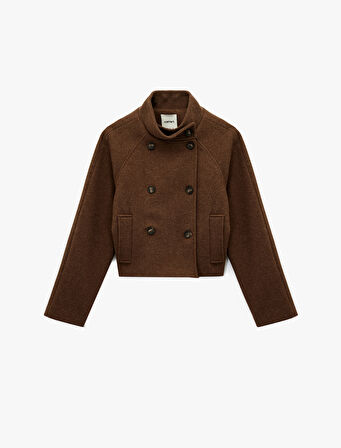 Uzun Kollu Cepli Dik Yaka Düğmeli Kruvaze Kısa Kaşe Mont