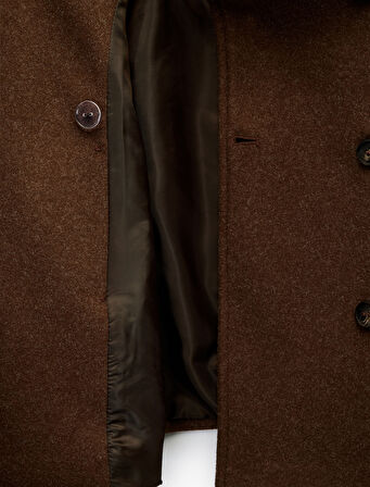 Uzun Kollu Cepli Dik Yaka Düğmeli Kruvaze Kısa Kaşe Mont