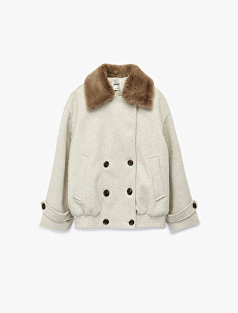 Suni Kürk Yaka Kısa Kaban Düğmel Cepli Uzun Kollu 