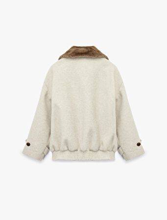 Suni Kürk Yaka Kısa Kaban Düğmel Cepli Uzun Kollu 