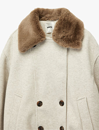 Suni Kürk Yaka Kısa Kaban Düğmel Cepli Uzun Kollu 