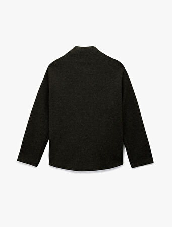 Uzun Kollu Dik Yaka Düğmeli Kruvaze Kaşe Ceket