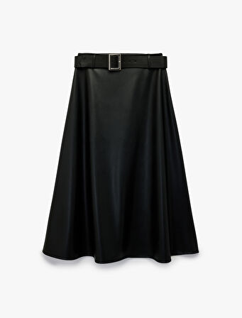 Çan Kesim Midi Kemerli Suni Deri Etek