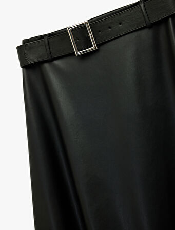 Çan Kesim Midi Kemerli Suni Deri Etek