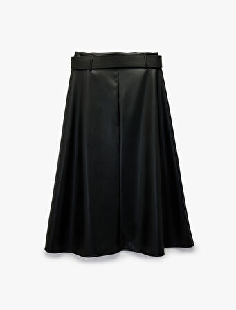 Çan Kesim Midi Kemerli Suni Deri Etek