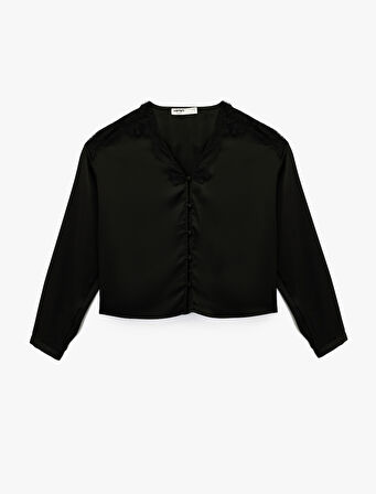 Dantel Detaylı Uzun Kollu V Yaka Bluz