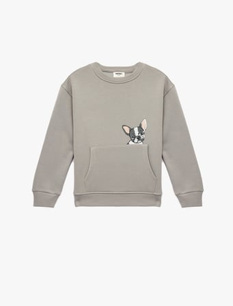Uzun Kollu Pamuklu Köpek Baskılı Şardonlu Kapşonlu  Sweatshirt