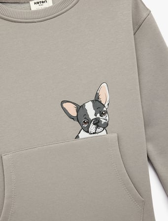 Uzun Kollu Pamuklu Köpek Baskılı Şardonlu Kapşonlu  Sweatshirt