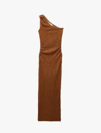 Bürümcük Kumaş Kolsuz Drape Detaylı Tek Omuz Uzun Elbise