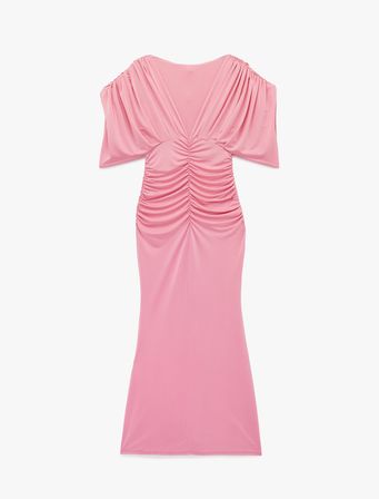Slim Fit Derin V Yaka Drapeli Yarasa Kol Uzun Abiye Elbise