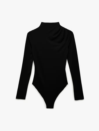 Slim Fit Uzun Kollu Dik Yaka Drape Detaylı Bodysuit