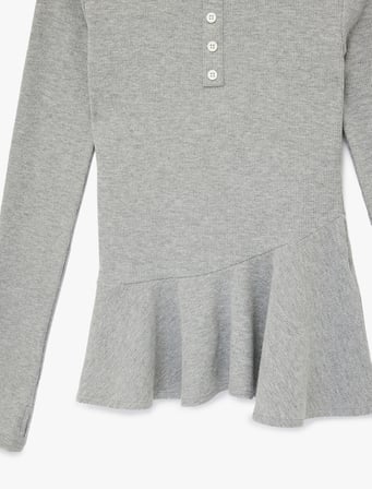 Slim Fit Volanlı Bisiklet Yaka Biyeli Düğmeli Uzun Kollu Tişört