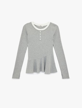 Slim Fit Volanlı Bisiklet Yaka Biyeli Düğmeli Uzun Kollu Tişört