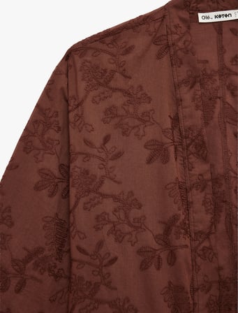 Pamuklu V Yaka 3/4 Kol Nakışlı Kimono