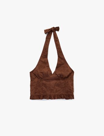 Halter Yaka Kolsuz Nakışlı Pamuklu Crop Bluz