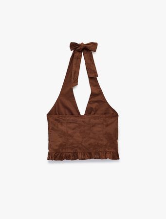 Halter Yaka Kolsuz Nakışlı Pamuklu Crop Bluz