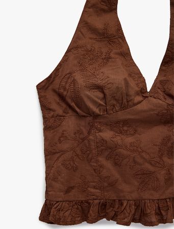 Halter Yaka Kolsuz Nakışlı Pamuklu Crop Bluz