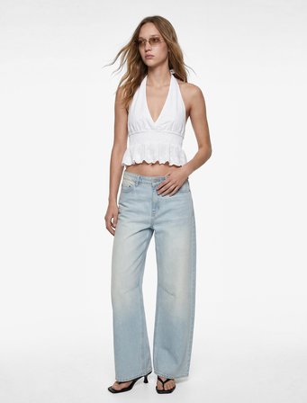 Gipeli Volanlı Kolsuz Pamuklu Nakışlı Sırtı Açık Crop Halter Yaka Bluz