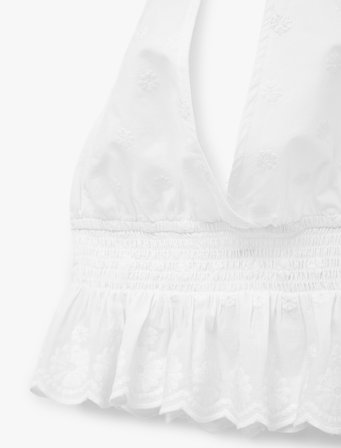 Gipeli Volanlı Kolsuz Pamuklu Nakışlı Sırtı Açık Crop Halter Yaka Bluz