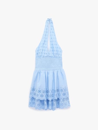 Pamuklu Gipeli Katlı Volanlı Mini Fisto Halter Yaka Elbise