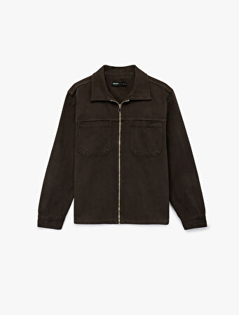 Regular Fit Uzun Kollu Cep Detaylı Fermuarlı Gömlek Ceket