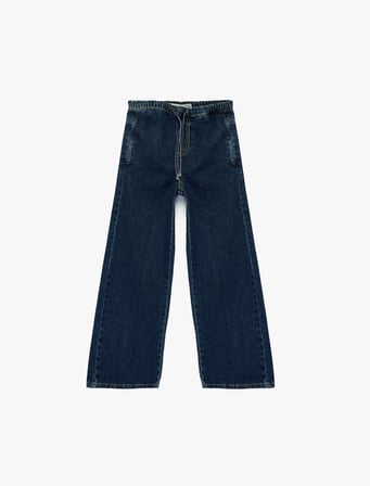Pamuklu Beli Bağcıklı Geniş Paça Denim Pantolon