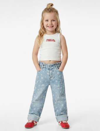 Yıldız Desenli Cepli Pamuklu Geniş Paça Denim Pantolon