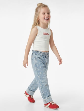 Yıldız Desenli Cepli Pamuklu Geniş Paça Denim Pantolon