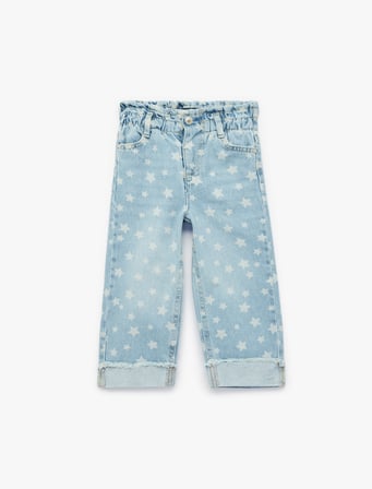 Yıldız Desenli Cepli Pamuklu Geniş Paça Denim Pantolon