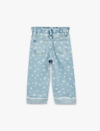 Yıldız Desenli Cepli Pamuklu Geniş Paça Denim Pantolon