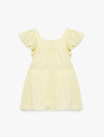 Fırfırlı Fiyonk Detaylı Kısa Kollu Bisiklet Yaka Pamuklu Kloş Mini Elbise