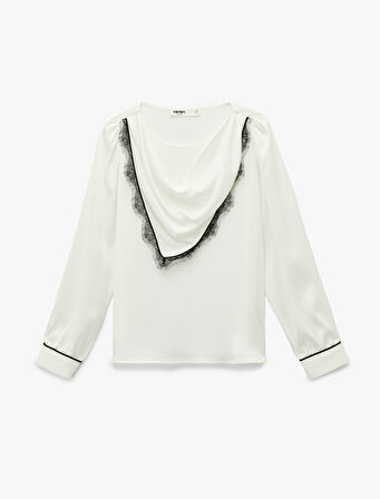 Dantel Detaylı Uzun Kollu Şal Yaka Bluz